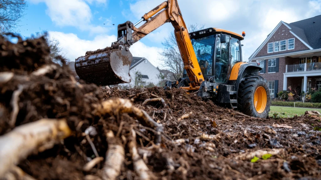 Excavator clearing storm debris and fallen tree material near homes