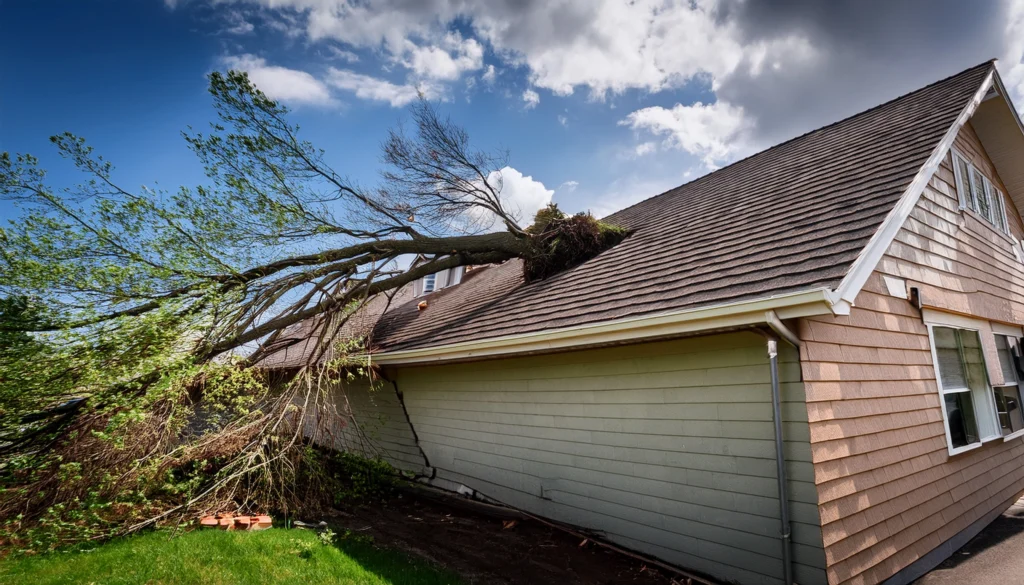 Large tree fallen onto the roof of a house after a storm