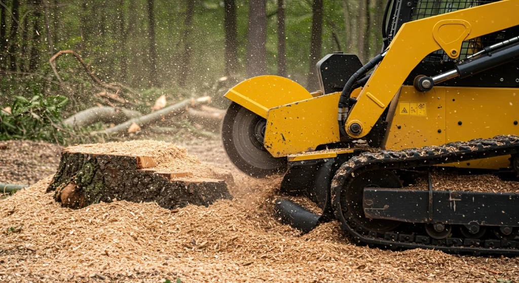 Stump grinder machine working in a wooded yard surrounded by wood chips